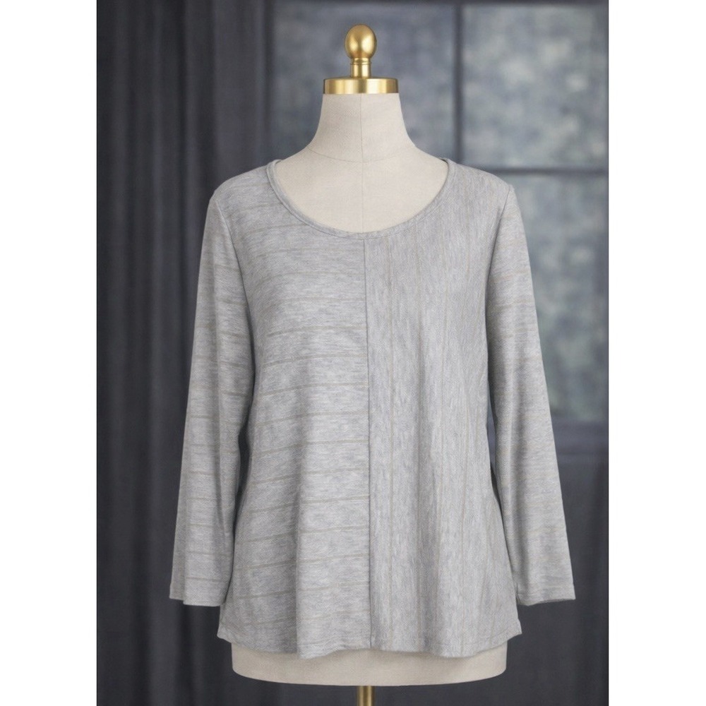 Chico's Top French Terry Knit Pullover Blue Silver Stripe Size 1 US Size Medium
